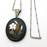 19th Century Sterling Silver Pietra Dura Lily Flower Pendant Necklace Antique