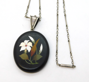19th Century Sterling Silver Pietra Dura Lily Flower Pendant Necklace Antique