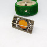 Sterling Silver Cabochon Cut Carnelian Agate Floral Brooch Vintage c1970