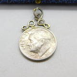 Sterling Silver USA Roosevelt Dime Coin Charm Pendant Antique 1946 WWII-Era