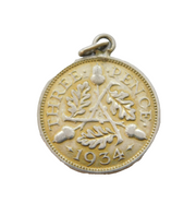George V Sterling Silver Threepence Coin Charm Pendant Vintage c1970s