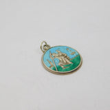 Sterling Silver Green & Blue Enamel St Christopher Charm Pendant Vintage c1970s
