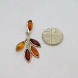 Sterling Silver Multi Baltic Amber Leaf Form Pendant Vintage c1970