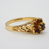 9ct Yellow Gold & Bohemian Garnet Floral Cluster Ring Vintage 1976 London