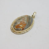 Sterling Silver Cabochon Banded Agate Beaded Edge Oval Pendant Vintage c1970s