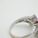 9ct White Gold, Diamond, Aquamarine, Garnet & Topaz Dress Ring Vintage Sheffield