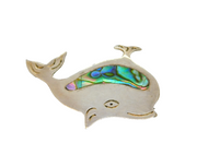 'Alpaca Mexico' Silver Tone Abalone Shell Whale Fish Brooch Pin Vintage c1990