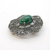 Sterling Silver & Cabochon Malachite Set Filigree Brooch Pin Vintage c1970s