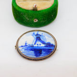 Sterling Silver Mounted Delft Ceramic Windmill Brooch Antique c1930 Art Deco