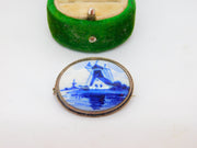 Sterling Silver Mounted Delft Ceramic Windmill Brooch Antique c1930 Art Deco