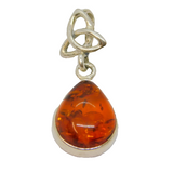 Sterling Silver Baltic Amber Peardrop Cabochon Celtic Knot Pendant Vintage c1970