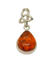 Sterling Silver Baltic Amber Peardrop Cabochon Celtic Knot Pendant Vintage c1970