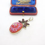Large Sterling Silver, Garnet & Geode Set Drop Pendant Vintage c1980