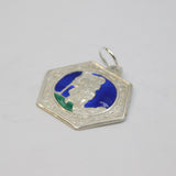 Sterling Silver Blue & Green Enamel St Christopher Travel Pendant Vintage c1970