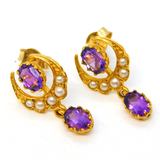 9ct Yellow Gold, Amethyst & Seed Pearl Crescent Drop Stud Earrings Vintage