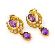 9ct Yellow Gold, Amethyst & Seed Pearl Crescent Drop Stud Earrings Vintage