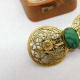Art Nouveau Gold Plated Floral Brooch with Malachite Antique c1880