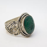 20th Century Ancient Style White Metal Green Agate Scorpion Signet Ring Antique