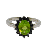 Sterling Silver Peridot & Black Crystal Cluster Dress Ring Vintage c1990 Size P