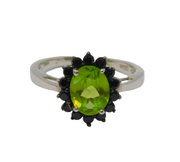 Sterling Silver Peridot & Black Crystal Cluster Dress Ring Vintage c1990 Size P