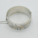 Art Deco Sterling Silver & Gold Flower & Swallow Pattern Cuff Bangle Antique