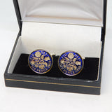 Boxed Pair of Silver Plated Vitreous Enamel Sixpence Coin Cufflinks Vintage