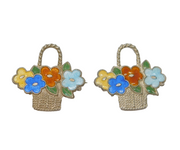 Pair of Sterling Silver & Enamel Flower Basket Brooches Antique c1930 Deco