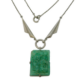 20th Century Silver Plated Carved Jade Style Glass Pendant Necklace Antique