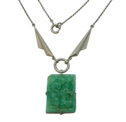 20th Century Silver Plated Carved Jade Style Glass Pendant Necklace Antique