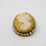Victorian Gold Plated, Seed Pearl, Shell Cameo Brooch Pendant Antique c1890