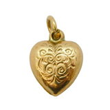 9ct Yellow Gold Puffy Heart Floral Charm Pendant Vintage 1967 London