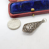 Sterling Silver Ornate Pierced Floral Drop Charm Pendant Vintage c1970