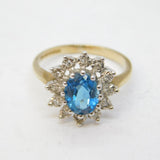 9ct Yellow Gold, Oval-Cut Topaz & Diamond Floral Cluster Ring Vintage London