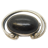 Modernist Sterling Silver Cabochon Black Hardstone Brooch Pin Vintage c1970