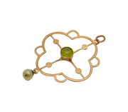 Edwardian 9ct Rose Gold, Peridot & Pearl Set Lavalier Pendant Antique c1910s