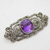 Art Deco Sterling Silver, Marcasite & Amethyst Floral Brooch Antique c1930s