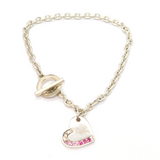 Sterling Silver Pink Crystal Set Heart Charm T-Bar Bracelet Contemporary c2000