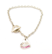 Sterling Silver Pink Crystal Set Heart Charm T-Bar Bracelet Contemporary c2000