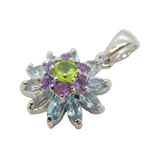 Sterling Silver, Topaz, Peridot & Amethyst Floral Pendant Vintage c1990s
