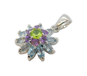 Sterling Silver, Topaz, Peridot & Amethyst Floral Pendant Vintage c1990s