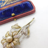 Gold on Sterling Silver, Pearl & Paste Set Floral Statement Brooch Vintage c1980