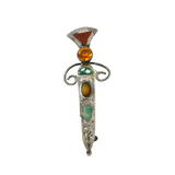 Scottish Sterling Silver Mixed Agate & Crystal Dirk Brooch Pin Vintage c1970
