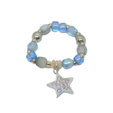 Sterling Silver Blue Beaded Stretch Star Charm Ring Contemporary c2010 Size M-O