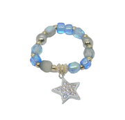 Sterling Silver Blue Beaded Stretch Star Charm Ring Contemporary c2010 Size M-O