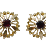 Pair of Sterling Silver Round Garnet Set Flower Stud Earrings Vintage c1970