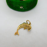 9ct Yellow Gold & Spinel Set Leaping Dolphin Charm Pendant Vintage c1970