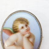 19th Century Sterling Silver Painted Porcelain Cherub Brooch Antique c1880s