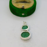 Sterling Silver Double Oval Faceted Green Aventurine Charm Pendant Vintage c1970