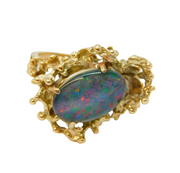 10ct Yellow Gold Modernist Doublet Opal Statement Ring Vintage c1970s
