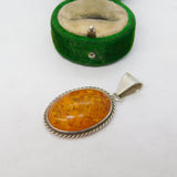 Sterling Silver Cabochon Baltic Amber Drop Pendant Vintage c1970